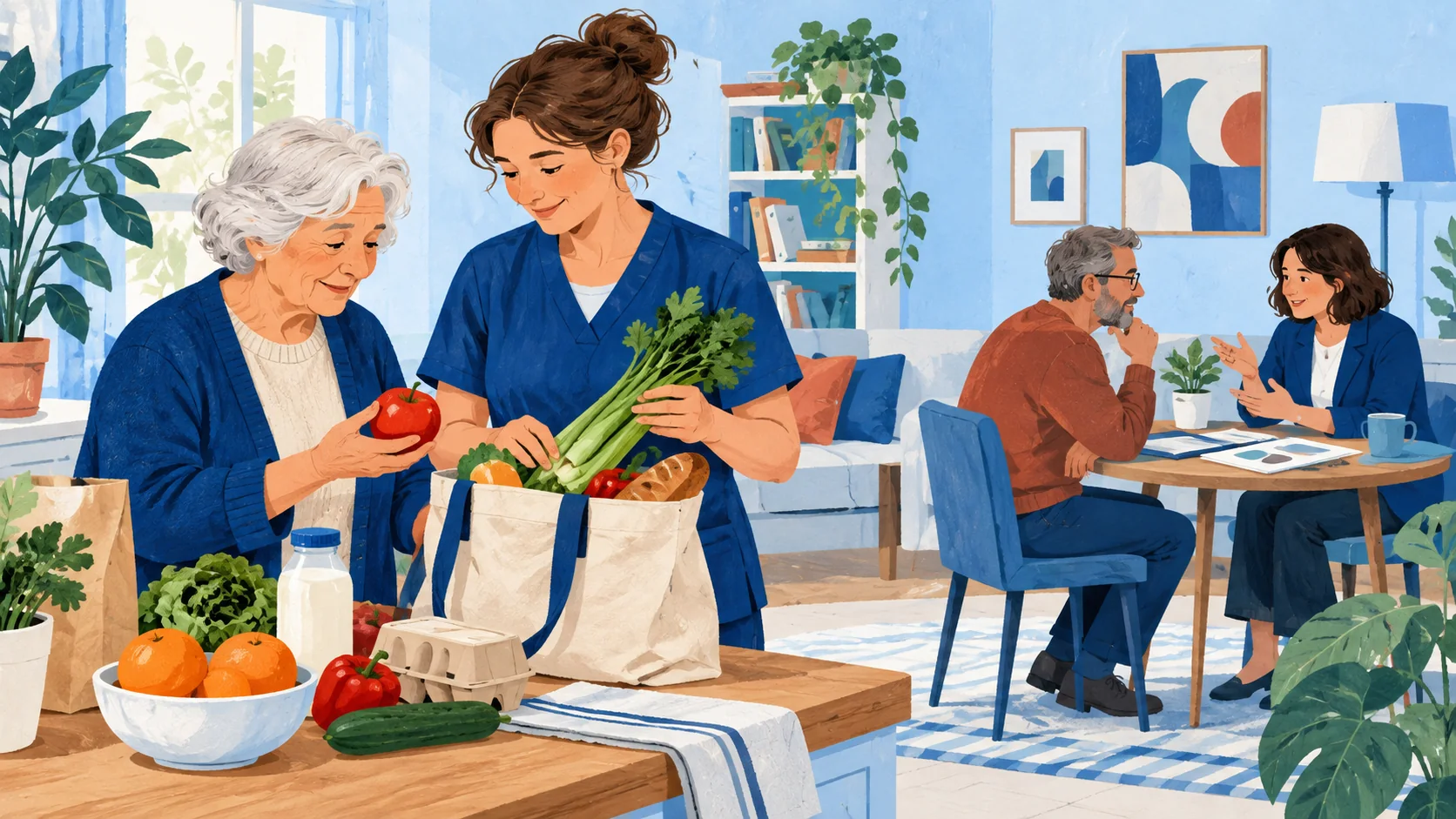 Социальный работник помогает с продуктами, специалист обсуждает план поддержки